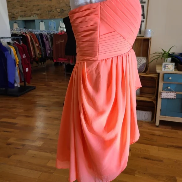 New Coral Peach Chiffon Strapless Dress - Picture 5 of 12